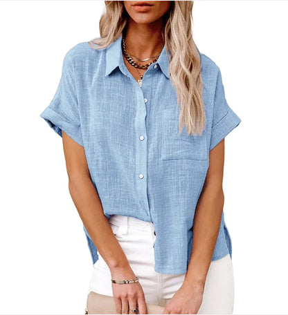 Women's Casual Cotton Linen Short-Sleeve Shirt with Pockets