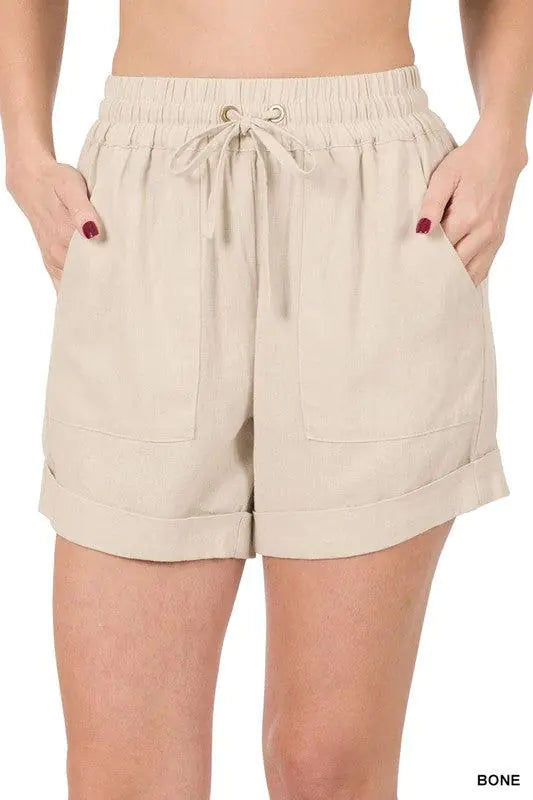 Shorts en Lin à Taille Élastique avec Poches