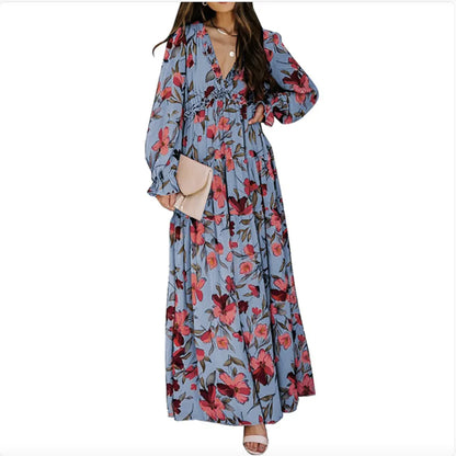 Robe Imprimée à Manches Longues pour Femme, Col en V et Coupe Ample