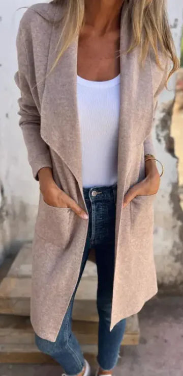 Cardigan Tricoté à Revers Mi-Long en Laine Fine pour Automne et Hiver