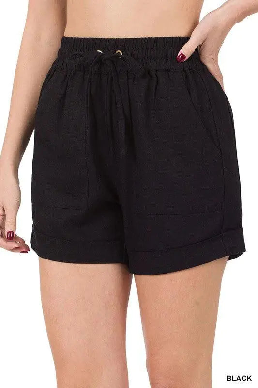 Shorts en Lin à Taille Élastique avec Poches