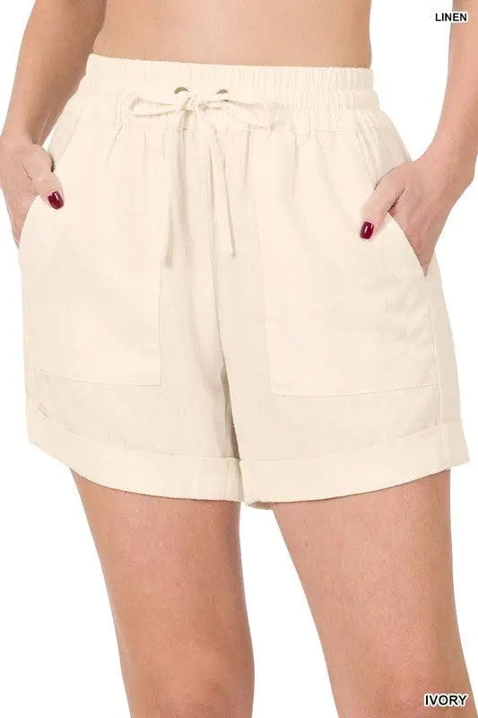 Shorts en Lin à Taille Élastique avec Poches