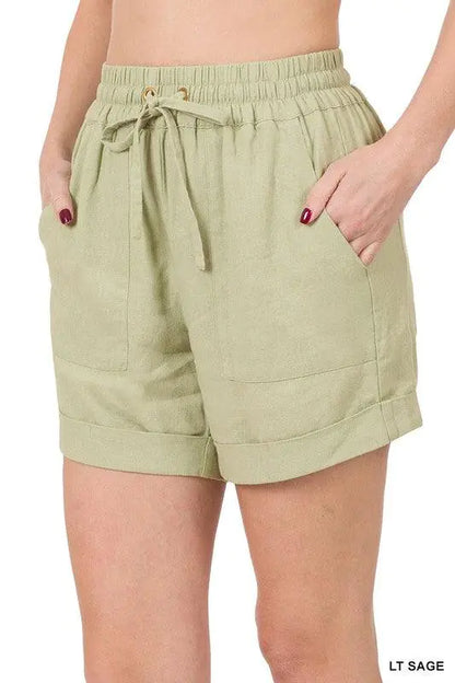 Shorts en Lin à Taille Élastique avec Poches