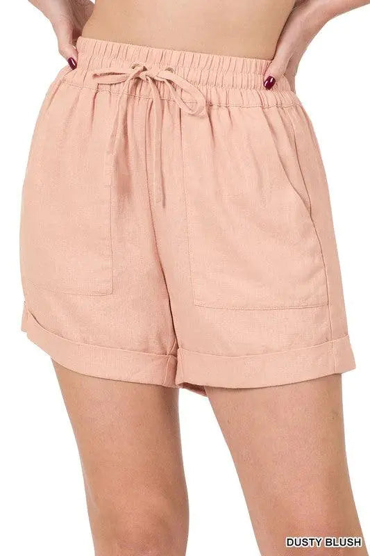 Shorts en Lin à Taille Élastique avec Poches