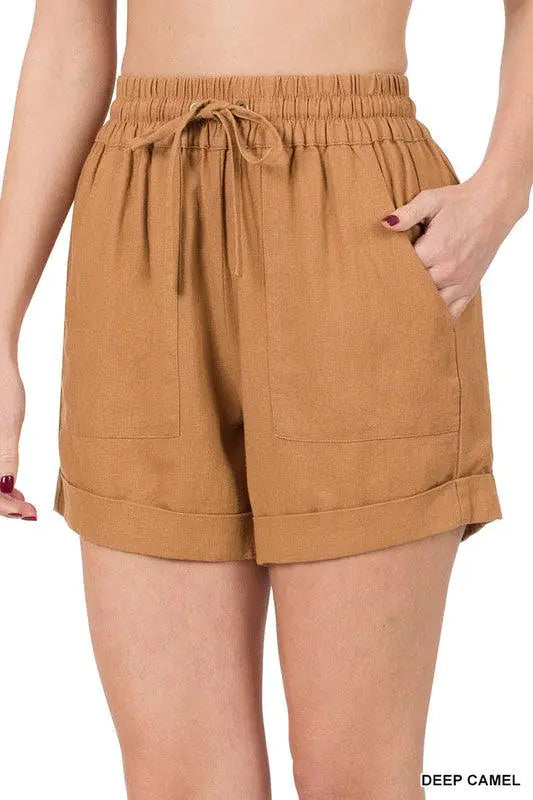 Shorts en Lin à Taille Élastique avec Poches