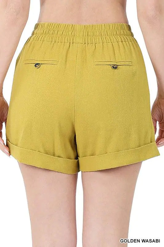 Shorts en Lin à Taille Élastique avec Poches