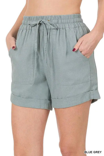 Shorts en Lin à Taille Élastique avec Poches