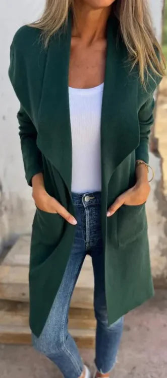 Cardigan Tricoté à Revers Mi-Long en Laine Fine pour Automne et Hiver