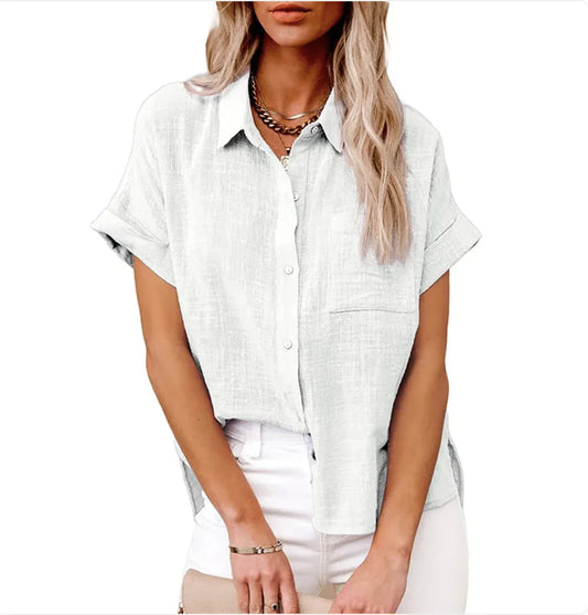 Women's Casual Cotton Linen Short-Sleeve Shirt with Pockets