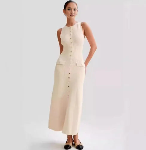 Robe Moulante d'Été à Boutonnage Simple – Mi-Mollet