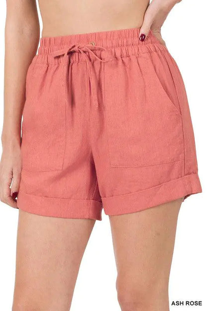 Shorts en Lin à Taille Élastique avec Poches