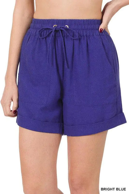 Shorts en Lin à Taille Élastique avec Poches