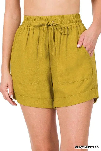 Shorts en Lin à Taille Élastique avec Poches