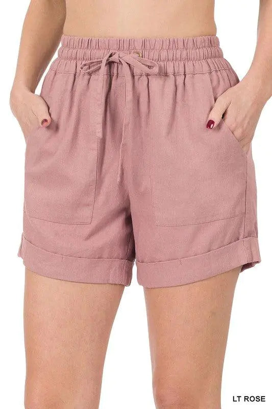 Shorts en Lin à Taille Élastique avec Poches