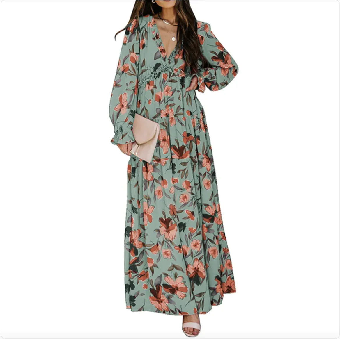 Robe Imprimée à Manches Longues pour Femme, Col en V et Coupe Ample