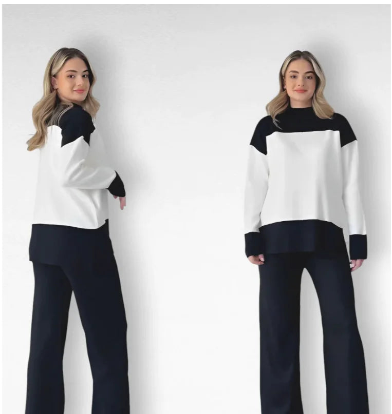 Ensemble de Mode avec Haut à Assortiment de Couleurs et Pantalons Large pour Femmes