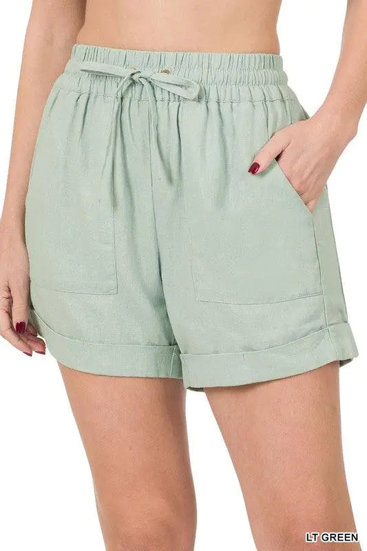 Shorts en Lin à Taille Élastique avec Poches