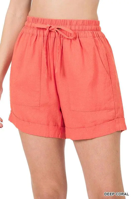 Shorts en Lin à Taille Élastique avec Poches