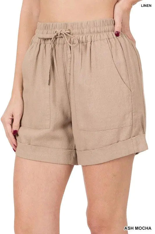 Shorts en Lin à Taille Élastique avec Poches