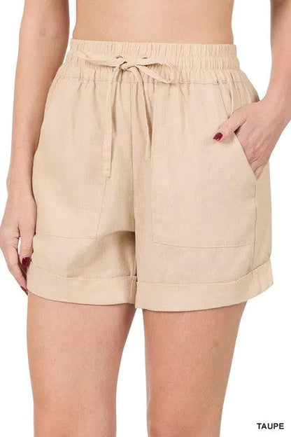 Shorts en Lin à Taille Élastique avec Poches