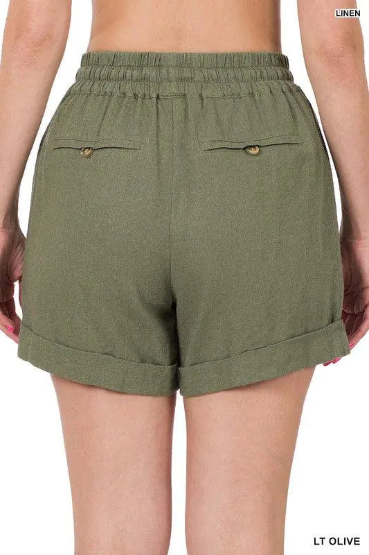 Shorts en Lin à Taille Élastique avec Poches