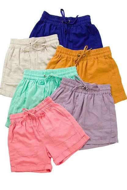 Shorts en Lin à Taille Élastique avec Poches